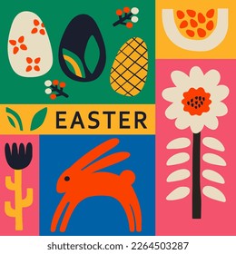 Vector Easter cards with  spring flower, egg, bunny and running rabbit - Happy Easter in the flat style hand drawn