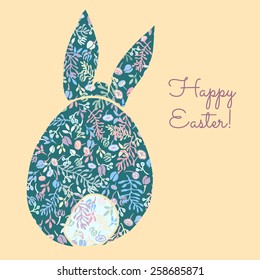 Vector Easter celebration card with hand drawn bunny silhouette seen from behind, filled with spring flowers pattern.