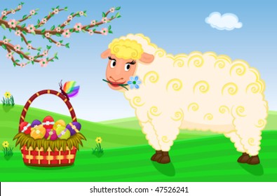 Vector Easter celebration with cute sheep and basket with eggs. EPS AI8, all elements layered and grouped.