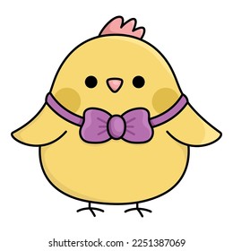 Vector Easter chick icon for kids. Cute kawaii chicken illustration. Funny cartoon bird character. Traditional spring holiday symbol in bow
