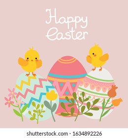 Vector easter chicken in egg with spring flowers