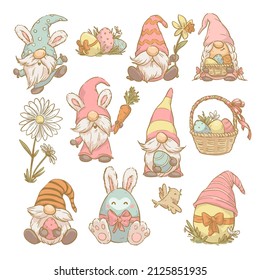 Vector Easter clipart collection of funny spring gnome, bunny ears, easter eggs, basket isolated. Hand drawn sketch vintage style illustration. For cards, invitations, prints, banners etc.