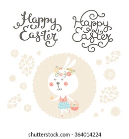 Vector easter collection with bunny, egg,  basket and hand drawn lettering for design cards. Happy easter card with cute rabbit, pastel colors