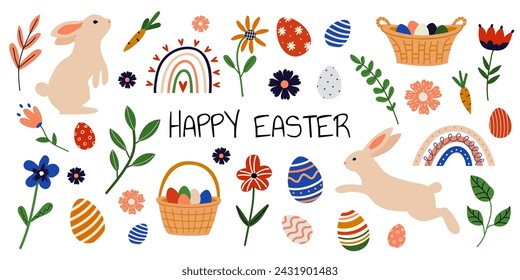 Vector Easter collection. Cute Easter set of elements on a white isolated background. Rabbits, eggs, flowers, plants. Spring set for poster, card, scrapbooking, stickers .