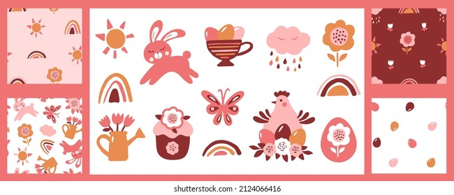 Vector Easter collection. Patterns, bunny, chicken, rainbow, eggs, sun, cloud