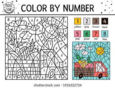 Vector Easter color by number activity with car driving eggs and carrots. Spring holiday coloring and counting game with cute bird. Funny coloration page for kids with traditional symbols. 

