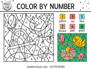 Vector Easter color by number activity with chick, basket, butterfly, eggs. Spring holiday coloring and counting game with cute bird. Funny coloration page for kids with traditional symbols. 
