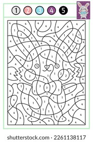 Vector Easter color by number activity with cute kawaii bunny. Spring holiday scene. Black and white counting game with funny rabbit. Garden coloring page for kids
