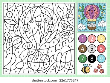 Vector Easter color by number activity with cute kawaii hot air balloon with eggs. Spring holiday scene. Black and white counting game with funny character. Garden coloring page for kids
