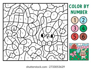 Vetor Páscoa cor por atividade de número com coelho captura borboleta no campo. Primavera preto e branco contagem, jogo de coloração. Página de coloração bonito para crianças. Planilha imprimível de linha
