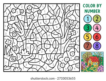 Vector Pascua color por número de actividad con casa de jardín, árboles, flores. Primavera en blanco y negro contando, juego de colorear. Linda página para colorear para los niños. Hoja de trabajo imprimible en línea
