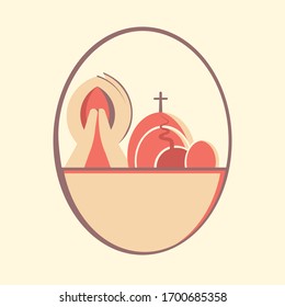 Vector easter color graphic composition draw like egg-shape, at looks like the tradition of Ukrainian Easter eggs in the basket, infographic element, flat illustration of empty tomb and praying hands.