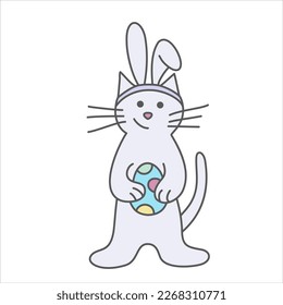 Vector easter color illustration with line of a cat with an egg and rabbit ears.