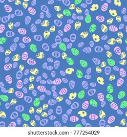 Vector Easter Colored Eggs Greeting Card on Blue Background. Seamless Pattern