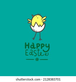 Vector easter colorful card with cute cartoon chicken and eggs. Doodle line art character. Funny holiday print.