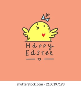 Vector easter colorful card with cute cartoon chicken. Doodle line art character. Funny holiday print.