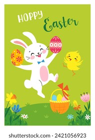 Vector Easter colorful template for greeting card, paper bag, packaging, poster, cover, banner with bunny, chick, Easter eggs and spring flowers in flat cute cartoon style.