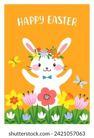 Vector Easter colorful template for greeting card, paper bags packaging, poster, cover, banner with bunny and spring flowers on orange background in flat cute cartoon style.