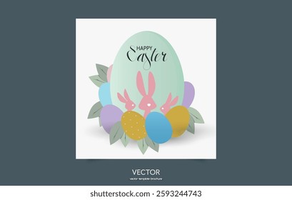 Vector Easter Composition with Rabbits, Colorful Eggs, and Greenery. Cute Easter Composition with Bunnies