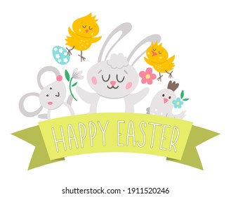 Vector Easter composition with text, eggs, Bunny, mouse, chicks, bird. Funny spring background design for banners, posters, invitations. Religious holiday card template with cute animals

