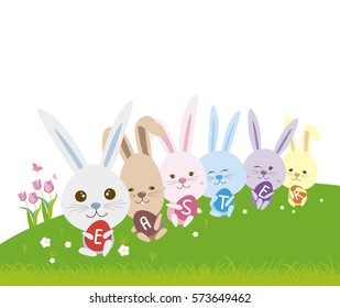 Vector easter concept of cute bunny holding eggs on grass