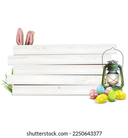 Vector Easter Concept with White Wooden Planks isolated on white background