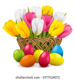 Vector Easter Concept with Wicker Vase isolated on white background