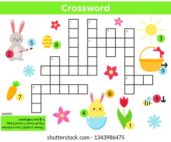 Vector Easter Crossword in English. Education game for children with answer. Printable worksheet. Cute cartoon rabbit, chick, spring flower, Easter egg and basket.