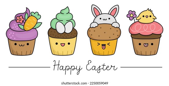 Vector Easter cupcakes set for kids. Cute kawaii cup cakes collection. Funny cartoon characters. Traditional spring holiday dessert illustration with colored eggs, chick, rabbit bunny, carrot
