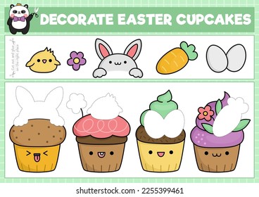 Vector Easter cut and glue activity. Crafting game with cute kawaii cup cakes. Fun spring holiday printable worksheet. Find the right piece of the puzzle. Decorate cupcakes
 - Shutterstock ID 2255399461