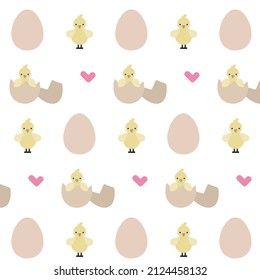 Vector easter cute pattern with eggs and chicken on white background.