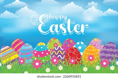 vector easter cute pattern eggs in grass on a blue sky