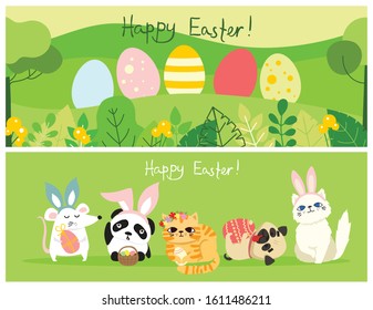 Vector Easter cardы with cute puppy dog, rat, panda and cat with rabbit ears, spring flower, egg and hand drawn text - Happy Easter in the flat style