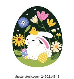 Vector Easter Cute Rabbit Egg basket Cartoon Illustration Isolated