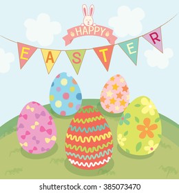 Vector easter day with eggs painted design put on the grass in nature view and decoration with triangle flags.