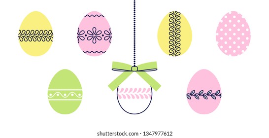 Vector easter decorated eggs in pastel color against white background, simple vector illustration