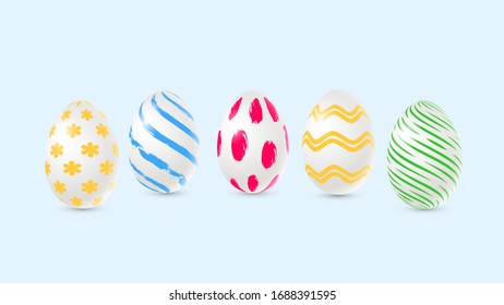 Vector easter decorated eggs in realistic 3d style. Isolated on coloured background, decorative elements for easter holiday design.Geometric patterns, imitation of brush strokes.