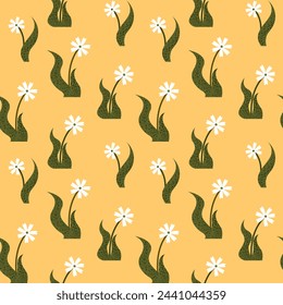 Vector Easter delicate seamless pattern with white flowers on a yellow background. Ideal for gift prints, textiles, children's room design, wrapping paper, scrapbooking.