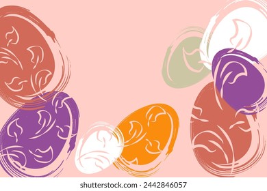 Vector. Easter design with hand drawn brush strokes, pastel eggs. Modern minimalist style. Horizontal poster, postcard, website page, banner, brochure, postcard with copy space for text.