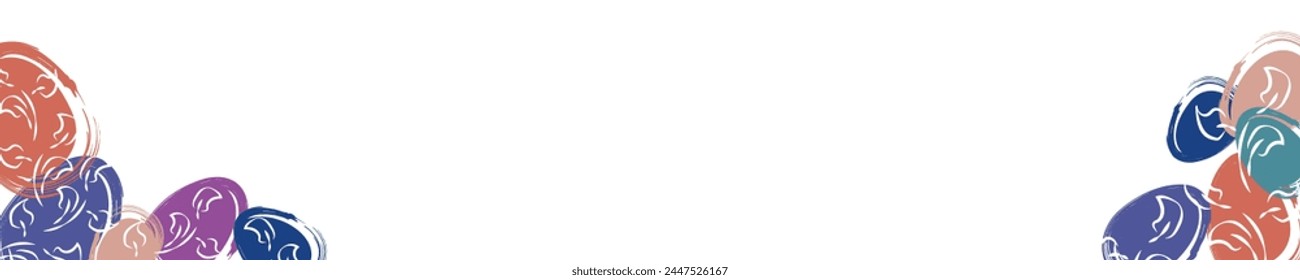 Vector. Easter design with hand drawn brush strokes, pastel eggs. Modern minimalist style. Horizontal poster, postcard, website page, banner, brochure, postcard with copy space for text.