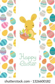 Vector easter different, various decorative colored egg seamless pattern bright colored with hand drawn lettering Happy Easter. Cute kawaii rabbit, bunny with basket full plants and eggs