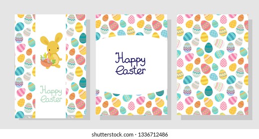 Vector easter different, various decorative colored egg frame template bright colored with hand drawn lettering Happy Easter. Cute kawaii rabbit, bunny. Template framework for gift card.