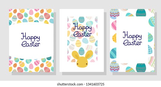 Vector easter different, various decorative colored egg frame template bright colored with hand drawn lettering Happy Easter. Cute kawaii rabbit, bunny. Template framework for gift card.