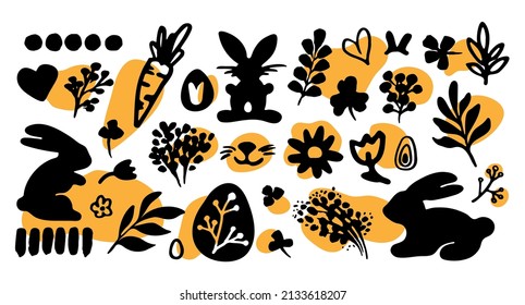 Vector Easter doodle set with cute bunnies, chickens, flowers and eggs. Design elements and characters in cartoon style. Vector illustration.