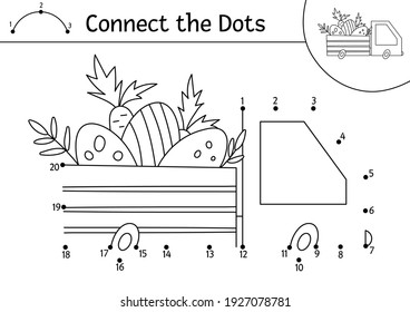 Vector Easter dot-to-dot and color activity with cute car with eggs and carrots. Spring holiday connect the dots game for children with traditional symbol. Funny adorable coloring page for kids. 
