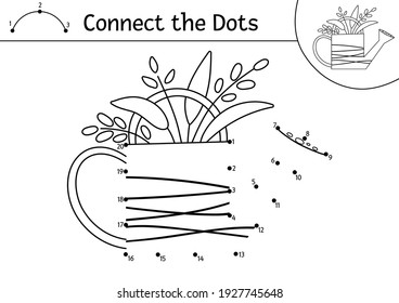 Vector Easter dot-to-dot and color activity with cute watering can with plants. Spring holiday connect the dots game for children with traditional symbol. Funny adorable coloring page for kids. 
