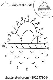 Vector Easter dot-to-dot and color activity with cute basket with eggs. Spring holiday connect the dots game for children with traditional symbol. Funny adorable coloring page for kids. 

