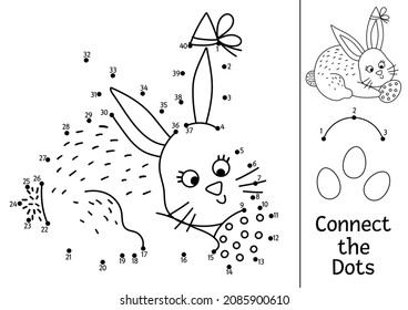 Vector Easter dot-to-dot and color activity with cute bunny holding egg. Spring holiday connect the dots game for children with traditional animal. Funny adorable coloring page for kids. 
