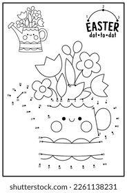 Vector Easter dot-to-dot and color activity with cute kawaii watering can with flowers. Spring holiday connect the dots game for children. Garden coloring page for kids. Printable worksheet
