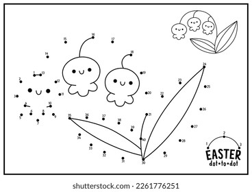 Vector Easter dot-to-dot and color activity with cute kawaii egg. Spring holiday connect the dots game for children with funny character. Garden coloring page for kids. Printable worksheet
